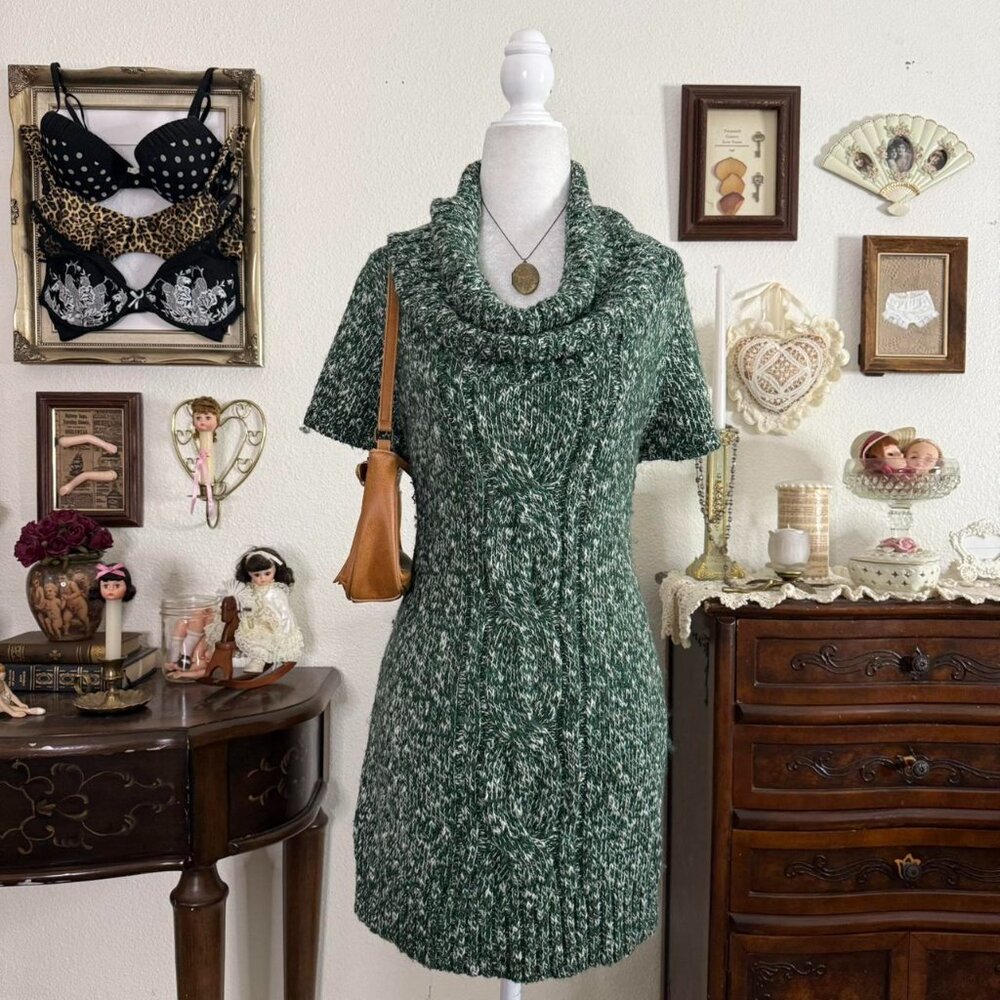 cozy girly grunge green cowl neck micro‎ mini sweater dress / long tunic top